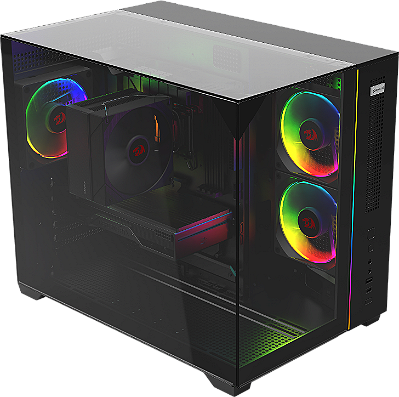 Gabinete Gamer Redragon Wideload Horizon Preto Sem Fans Aquário Micro-ATX Painéis em Vidro Temperado Triplos Bandeja de Fans Lateral Inclinada Compatível com Placas Mãe com Conectores Traseiros USB Tipo-C CA-619B