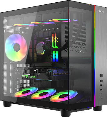Gabinete Gamer Redragon Wideload Pulse ARGB Aquário Mid Tower Sem Fans USB Tipo-C Painel Vidro Temperado Duplo Acabamento em Metal Escovado Suporte de GPU Integrado CA-620B