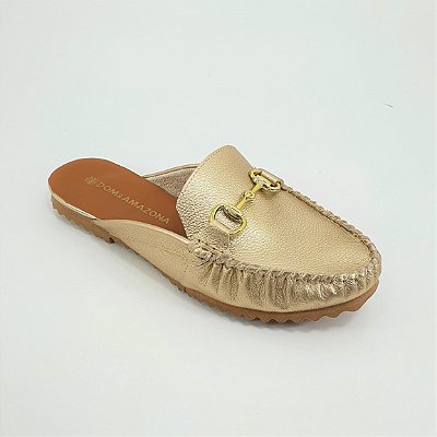 Mule Mocassim Feminino Couro Dom Amazona Dourado