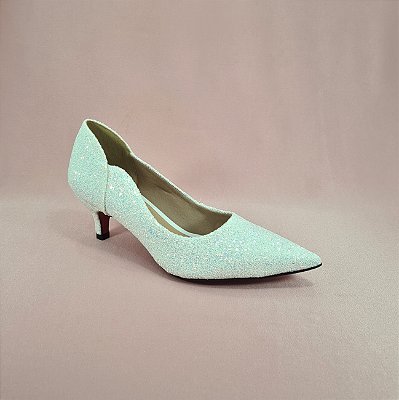Sapato Scarpin Dom Amazona Noiva Branco Glitter Salto Baixo Cód 219