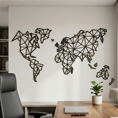 Escultura de Parede em MDF – Mapas, Viagens e Mundo | Mapa Mundi Geométrico