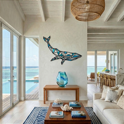 Escultura de Parede em MDF e Acrílico Espelhado – Arte Marítima e Animais | Baleia Geométrica