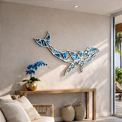 Escultura de Parede em MDF e Acrílico Espelhado – Arte Marítima e Animais | Baleia Geométrica