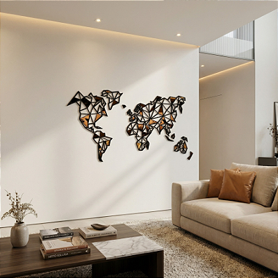 Escultura de Parede em MDF e Acrílico Espelhado – Mapas, Viagens e Mundo | Mapa Mundi Geométrico
