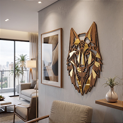 Escultura de Parede | Lobo Geométrico - em MDF com Acrílico Espelhado