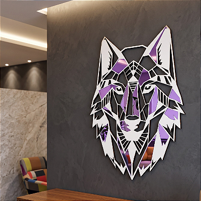 Escultura de Parede | Lobo Geométrico - em MDF com Acrílico Espelhado