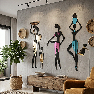 Escultura de Parede em MDF com Acrílico Espelhado – Figura Feminina | Trio Mulheres Africanas