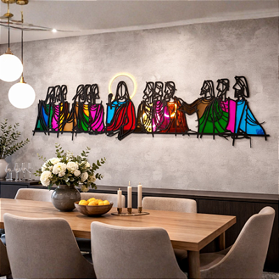 Escultura de Parede em MDF com Acrílico Espelhado - Releitura Religiosa e Artística | Santa Ceia Espalhada de Leonardo da Vinci