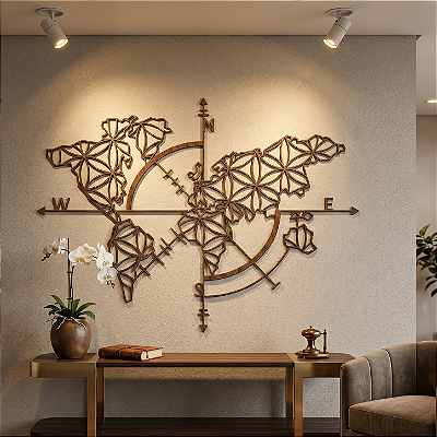“Mapa Mundi Geométrico Flor da Vida” - Peça Decorativa em MDF Premium