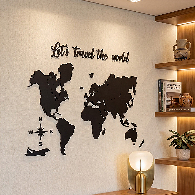 Painel Mapa Mundi | Frase Personalizada em Lettering - Escultura em MDF