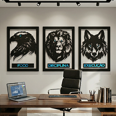 Motivação | Leão, Águia e Lobo: Foco, Disciplina e Execução - Escultura de Parede em MDF com Acrílico Espelhado | Trio de Quadros Vazados