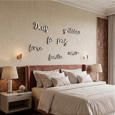 "Kit de Palavras: Gratidão, Paz, Família, Amor, Fé, Deus e Força" - Peça Decorativa em MDF Premium