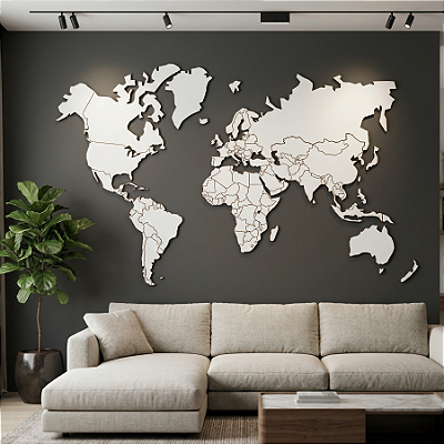Mapa Mundi | Escultura de Parede em MDF com todas as Fronteiras