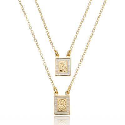 Colar Escapulário 2 em 1 Dourado Com Fecho - Sagrado Coração de Jesus com Nossa Senhora do Carmo