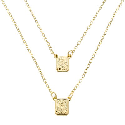 Colar Escapulário Mini Corrente Elo Português - Banho 12 Camadas Ouro 18k - Sagrado Coração de Jesus com Nossa Senhora do Carmo