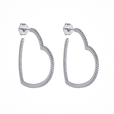 Argola Coração Cravejada Dentro e Fora Prateada