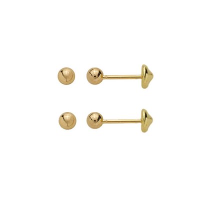 Kit Dourado - 2 Pares de Brincos Bolinha com Tarraxa Baby - Adulto e Criança