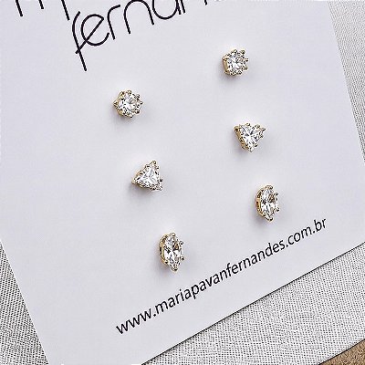 Kit 3 Pares - Brinco Zircônia Geométrica - Banho 12 Camadas Ouro 18k