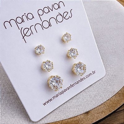 Kit 3 Pares - Brinco Ponto de Luz Zircônia Maior - Banho 12 Camadas Ouro 18k