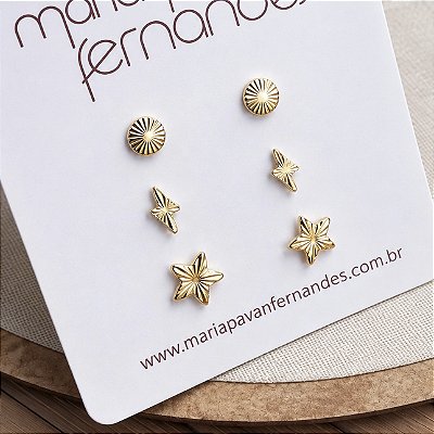 Kit 3 Pares -Brinco Estrela Raio Lua - Banho 12 Camadas Ouro 18k