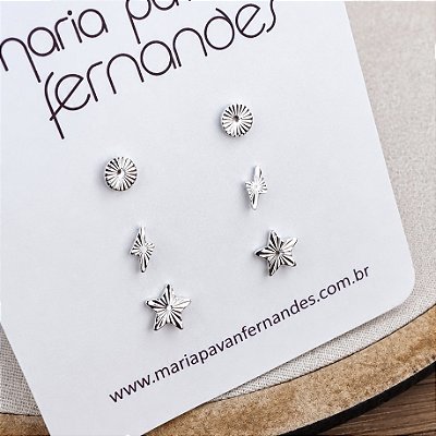 Kit 3 Pares -Brinco Estrela Raio Lua - Prata