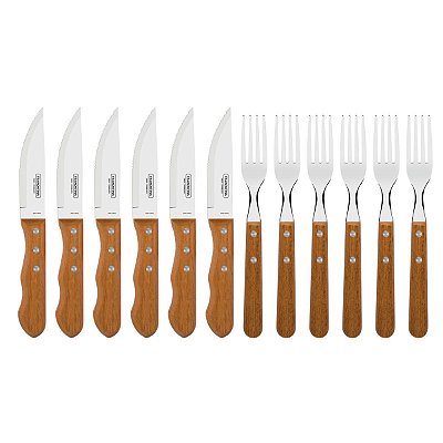 Jogo de talheres Jumbo para churrasco Tramontina c/laminas em ao inox e cabos em madeira natural 12 peças 22399/063