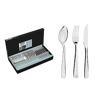 Faqueiro Tramontina pacific em aço inox com facas para churrasco acabamento alto brilho com detalhes no cabo 48 peças 66962/144