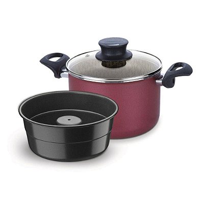 Jogo banho maria Tramontina paris em alumínio com revestimento antiaderente vermelho