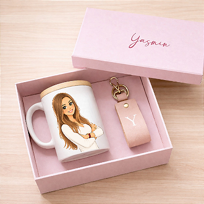 Kit - Chaveiro Couro + Caneca Caricatura* ❤