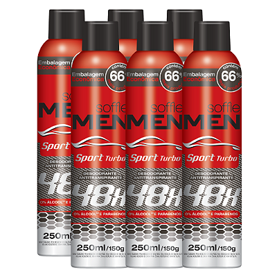 Kit com 6 Desodorantes Antitranspirantes - Soffie Men Sport Turbo
