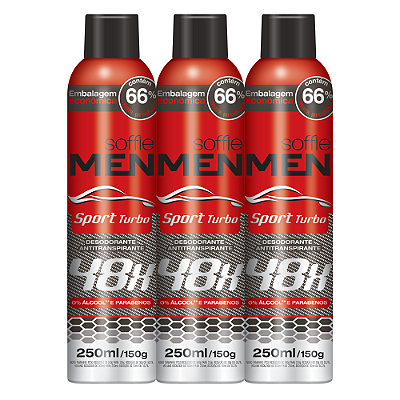 Kit com 3 Desodorantes Antitranspirantes - Soffie Men Sport Turbo