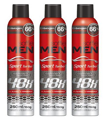 Kit com 3 - Desodorante Antitranspirante Soffie MEN Sport Turbo Aerosol