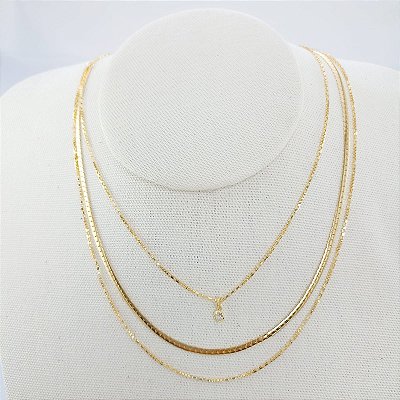 Gargantilha Tripla Banhada A Ouro Ponto De Luz Com Zircônia Bijou Art