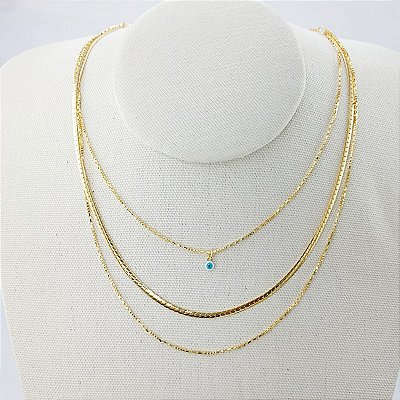 Gargantilha Tripla Banhada A Ouro Com Olho Grego Bijou Art