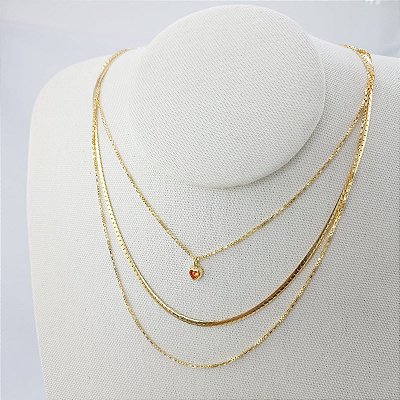 Gargantilha Tripla Banhada A Ouro Com Coração De Zircônia Bijou Art