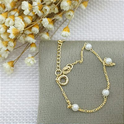 Pulseira Banhada A Ouro Infantil Elo 3x1 Com Pérola Bijou Art
