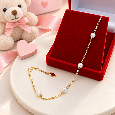 Pulseira Banhada A Ouro Infantil De Elo 3x1 Com Pérola Bijou Art