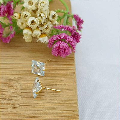 Brinco Fixo De Zircônia Pedra Quadrada 8 mm Banhado A Ouro Bijou Art