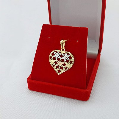 Pingente Banhado A Ouro e Ródio De Coração Com Flores Grande Bijou Art