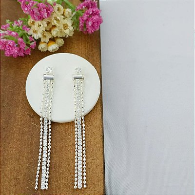 Brinco Banhado a Prata Pendurado Com Pedras e Corrente Bijou Art