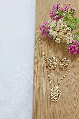 Conjunto Banhado a Ouro Brinco, Corrente e Pingente Oval Com Zircônia Bijou Art