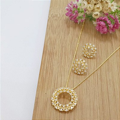 Conjunto Banhado a Ouro Brinco, Corrente e Pingente Redondo Com Zircônia Bijou Art