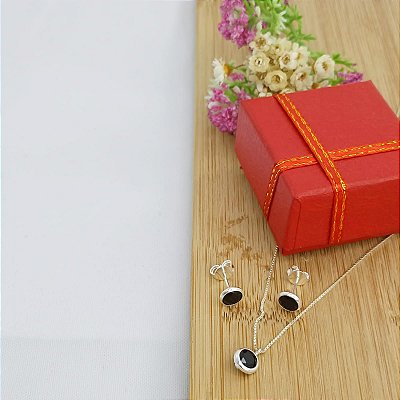Conjunto de Prata Com Pedra Redonda Pingente Corrente e Brinco Bijou Art