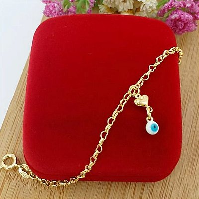 Pulseira Infantil Banhada a Ouro Com Olho Grego e Coração Bijou Art