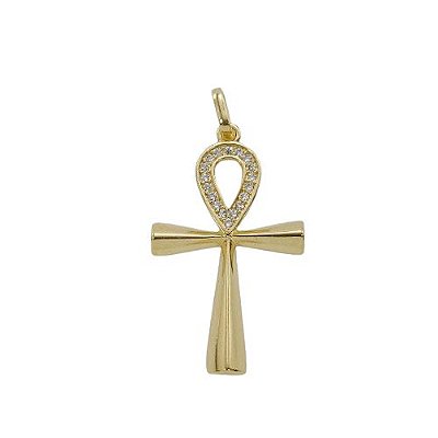 Pingente De Cruz Ansata Com Pedras Banhado A Ouro