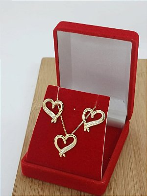 Conjunto Banhado a Ouro De Coração com Pedras Bijou Art
