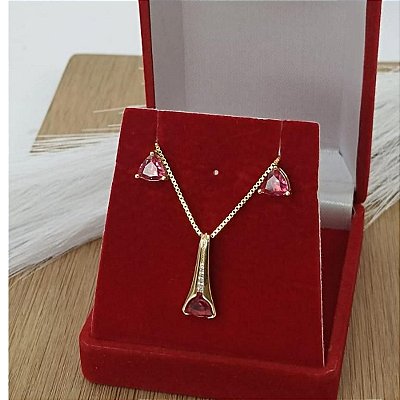 Conjunto Banhado a Ouro De Brinco e Pingente Com Pedra Bijou Art