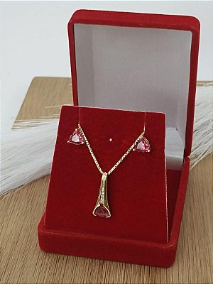 Conjunto Banhado a Ouro De Brinco e Pingente Com Pedra Bijou Art