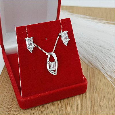 Conjunto Banhado a Prata Liso Com Pedras Bijou Art