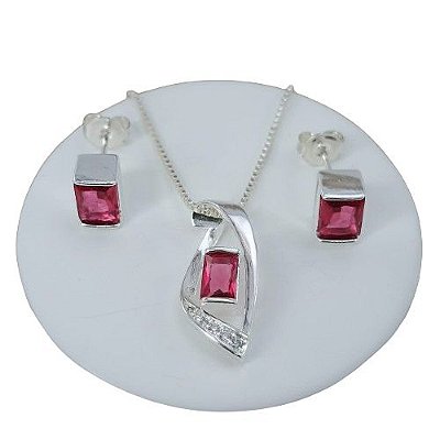 Conjunto Banhado a Prata Com Pedra Colorida Bijou Art